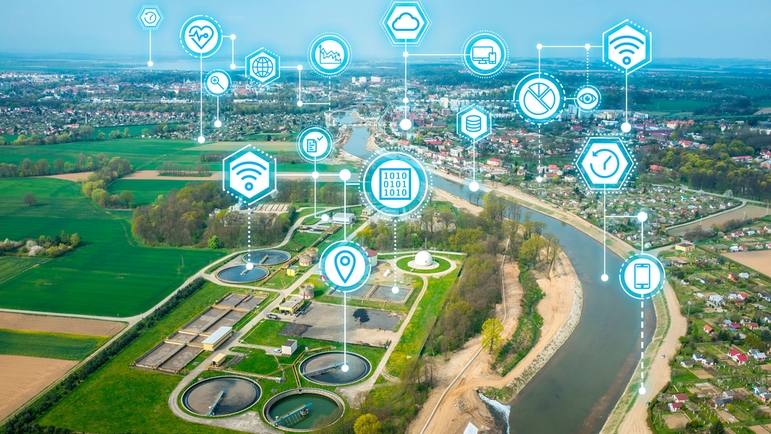A water treatment plant, a river and a city from above with icons representing digitalization